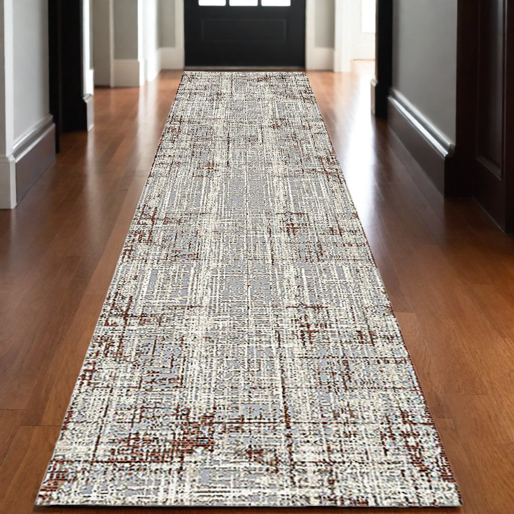 10' Ivory Blue and Gray Abstract Power Loom Runner Rug