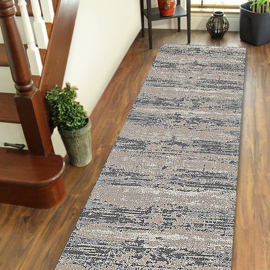 10' Ivory Beige and Gray Abstract Power Loom Runner Rug