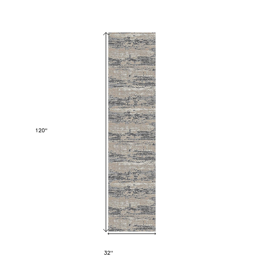 10' Ivory Beige and Gray Abstract Power Loom Runner Rug