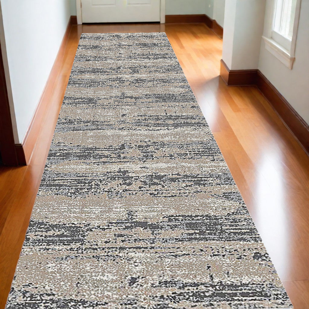 10' Ivory Beige and Gray Abstract Power Loom Runner Rug