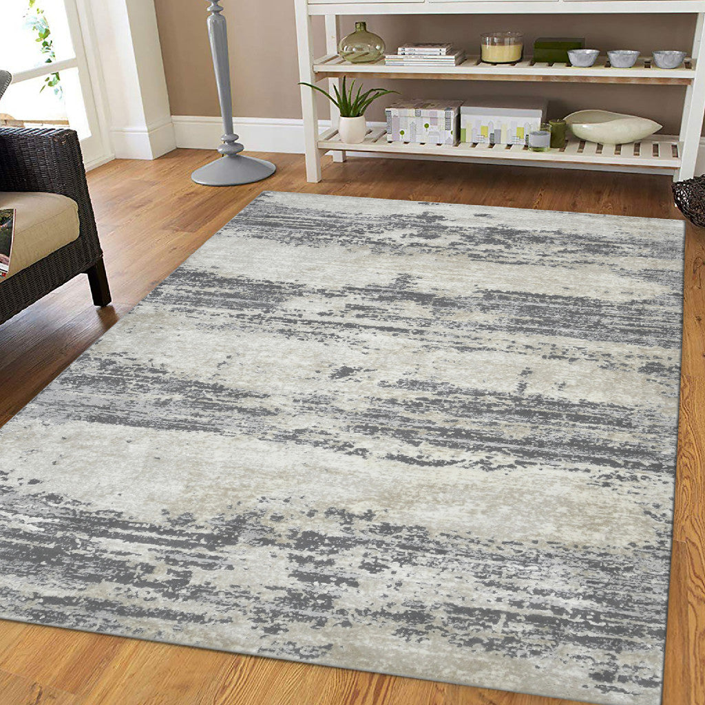 10' Ivory Beige and Gray Abstract Power Loom Runner Rug