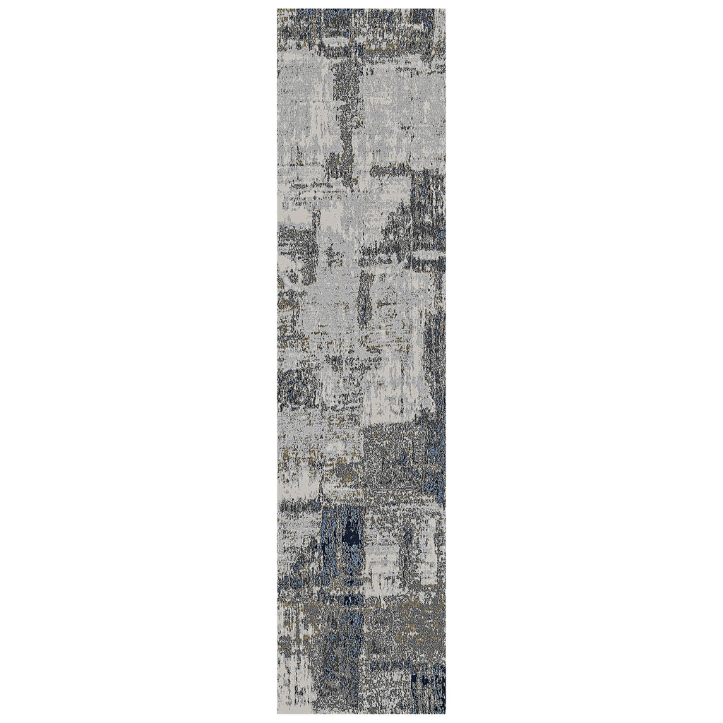 10' Ivory Navy and Gray Abstract Power Loom Runner Rug