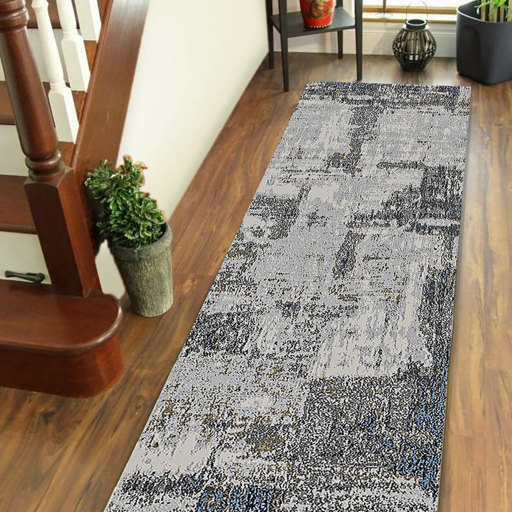 10' Ivory Navy and Gray Abstract Power Loom Runner Rug