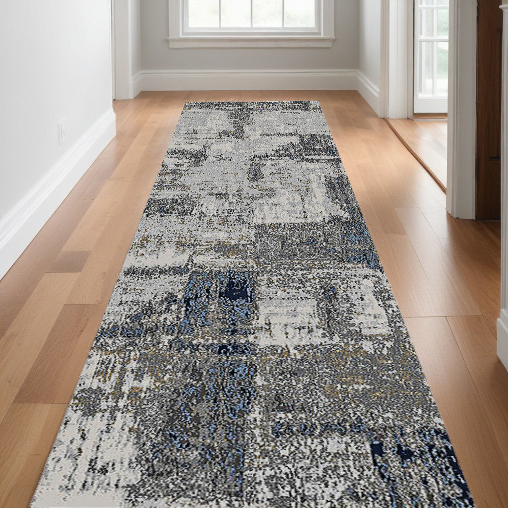 10' Ivory Navy and Gray Abstract Power Loom Runner Rug