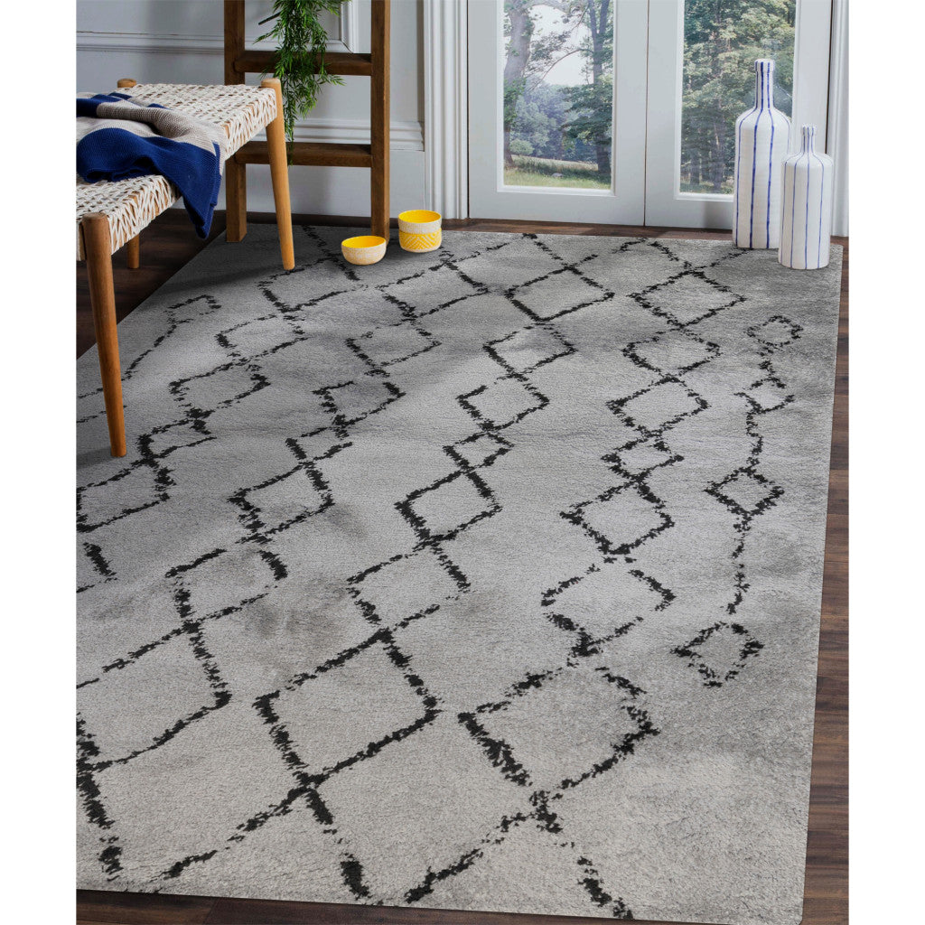 10' Black and Gray Geometric Shag Runner Rug