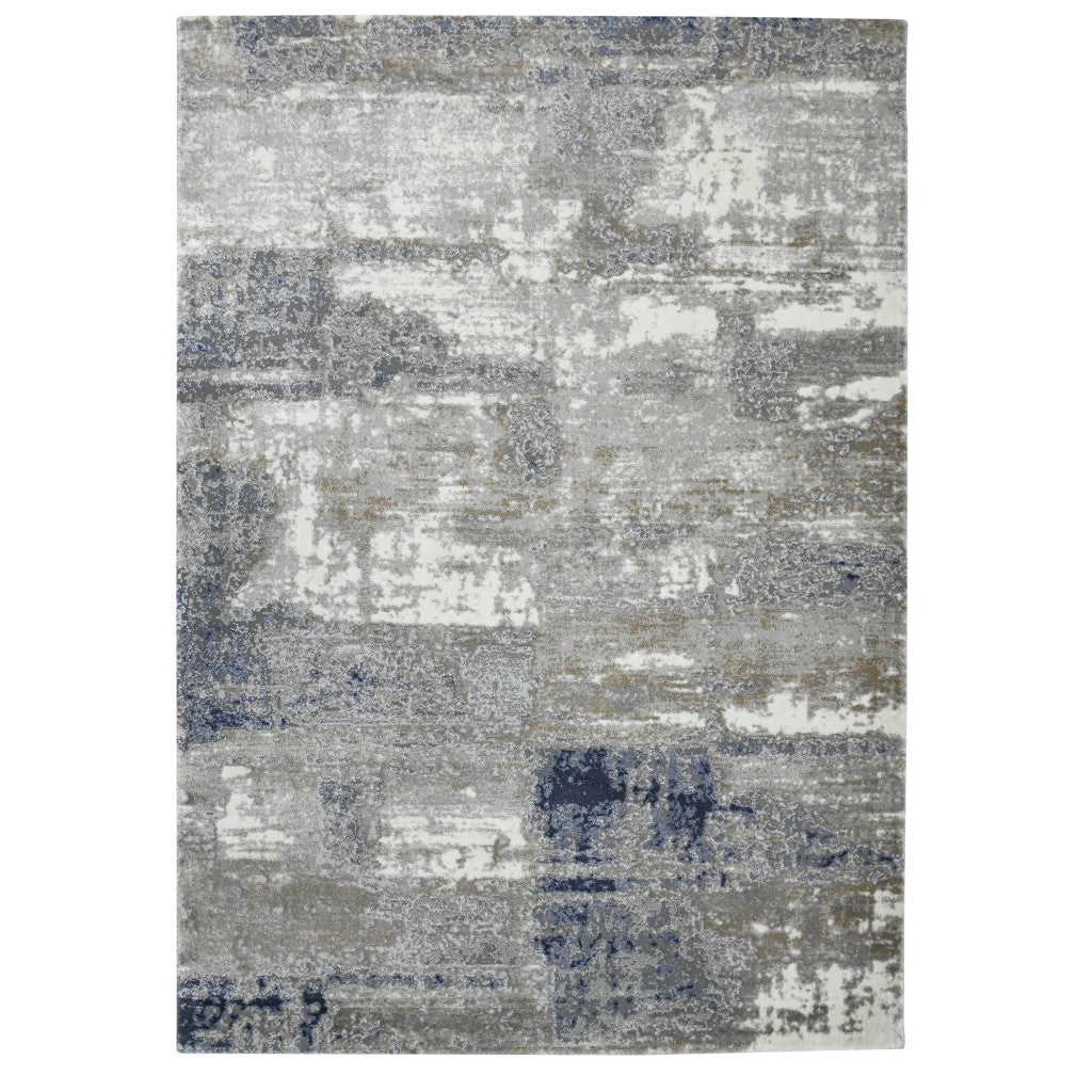 10' Ivory Navy and Gray Abstract Power Loom Runner Rug