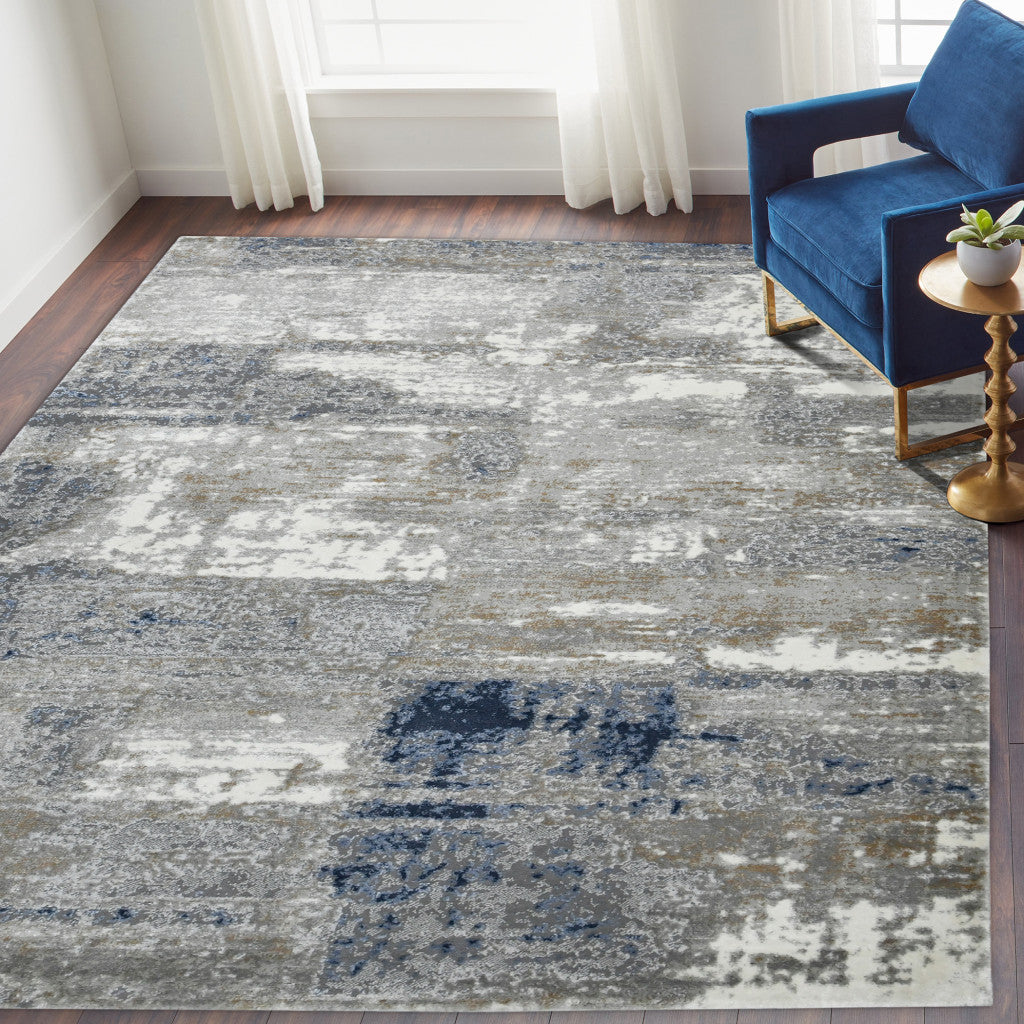 10' Ivory Navy and Gray Abstract Power Loom Runner Rug