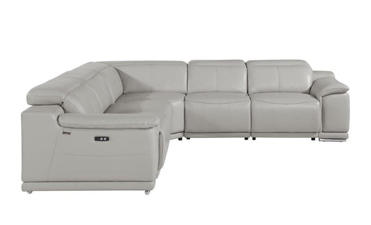 Light Gray Italian Leather Power Reclining U Shaped Five Piece Corner Sectional With Console