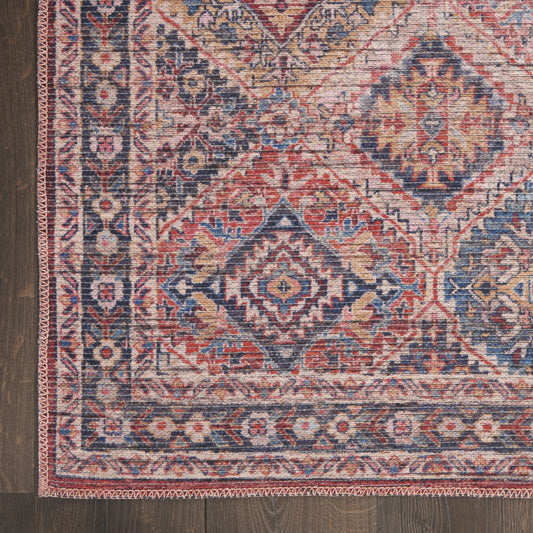 10' Blue and Red Floral Power Loom Distressed Washable Runner Rug