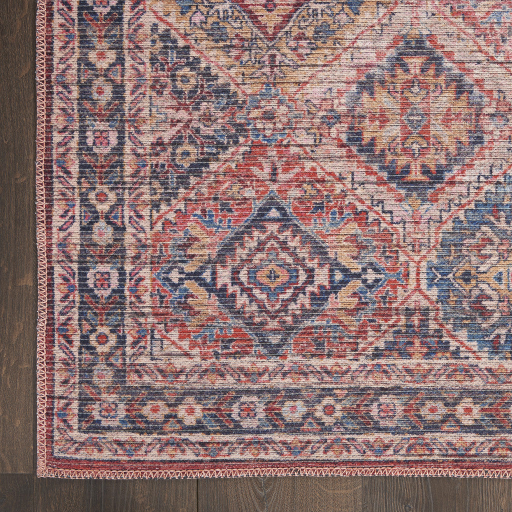 10' Blue and Red Floral Power Loom Distressed Washable Runner Rug