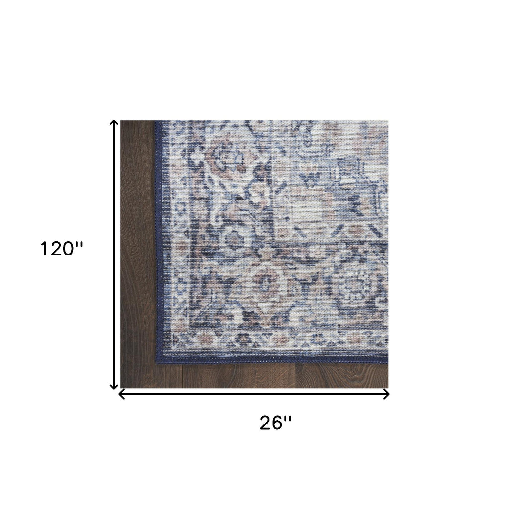 10' Blue and Ivory Floral Power Loom Distressed Washable Runner Rug