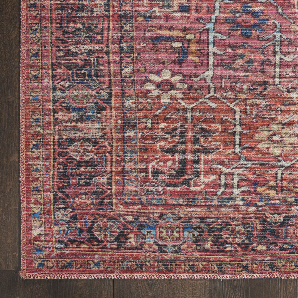 10' Blue and Red Floral Power Loom Distressed Washable Runner Rug