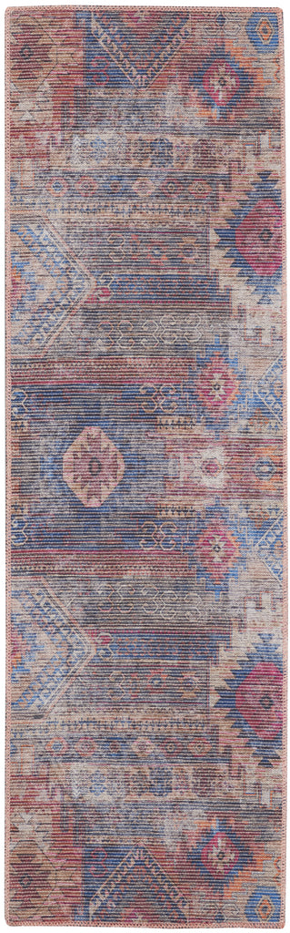 10' Blue and Red Geometric Power Loom Distressed Washable Runner Rug