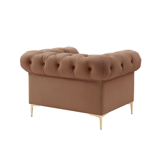 34" Brown And Gold Faux leather Tufted Chesterfield Chair