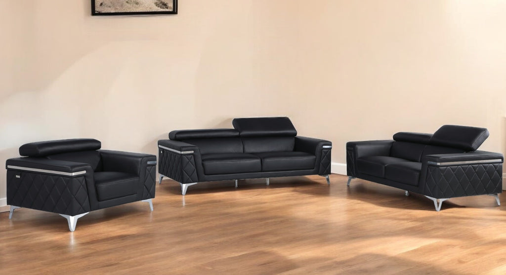 Three Piece Black Italian Leather Five Person Seating Set