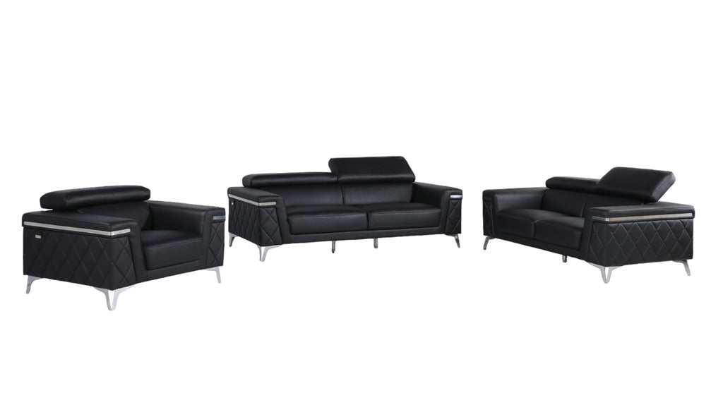 Three Piece Black Italian Leather Five Person Seating Set