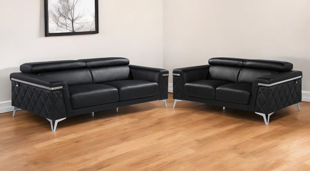 Two Piece Black Italian Leather Four Person Seating Set