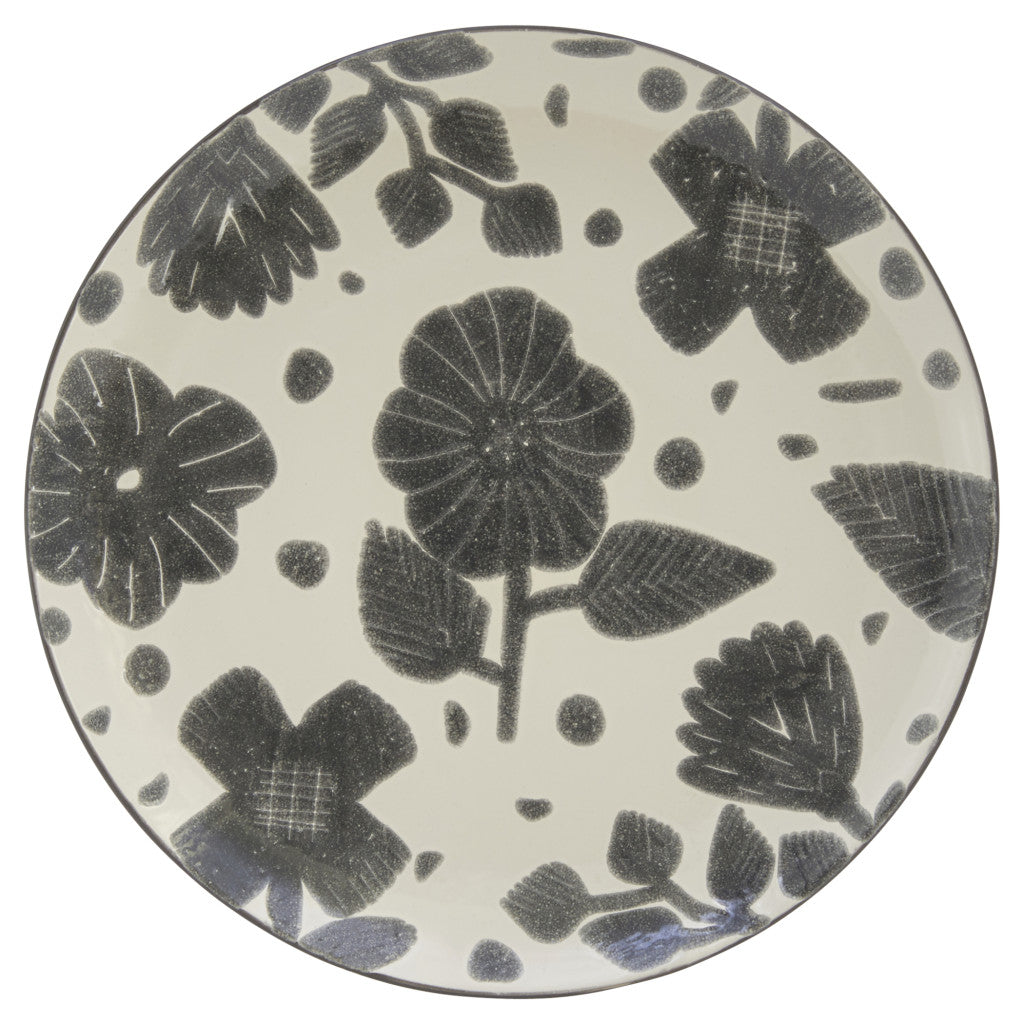 LuxxHomes  Gray and Ivory Sixteen Piece Round Floral Ceramic Service For Four Dinnerware Set