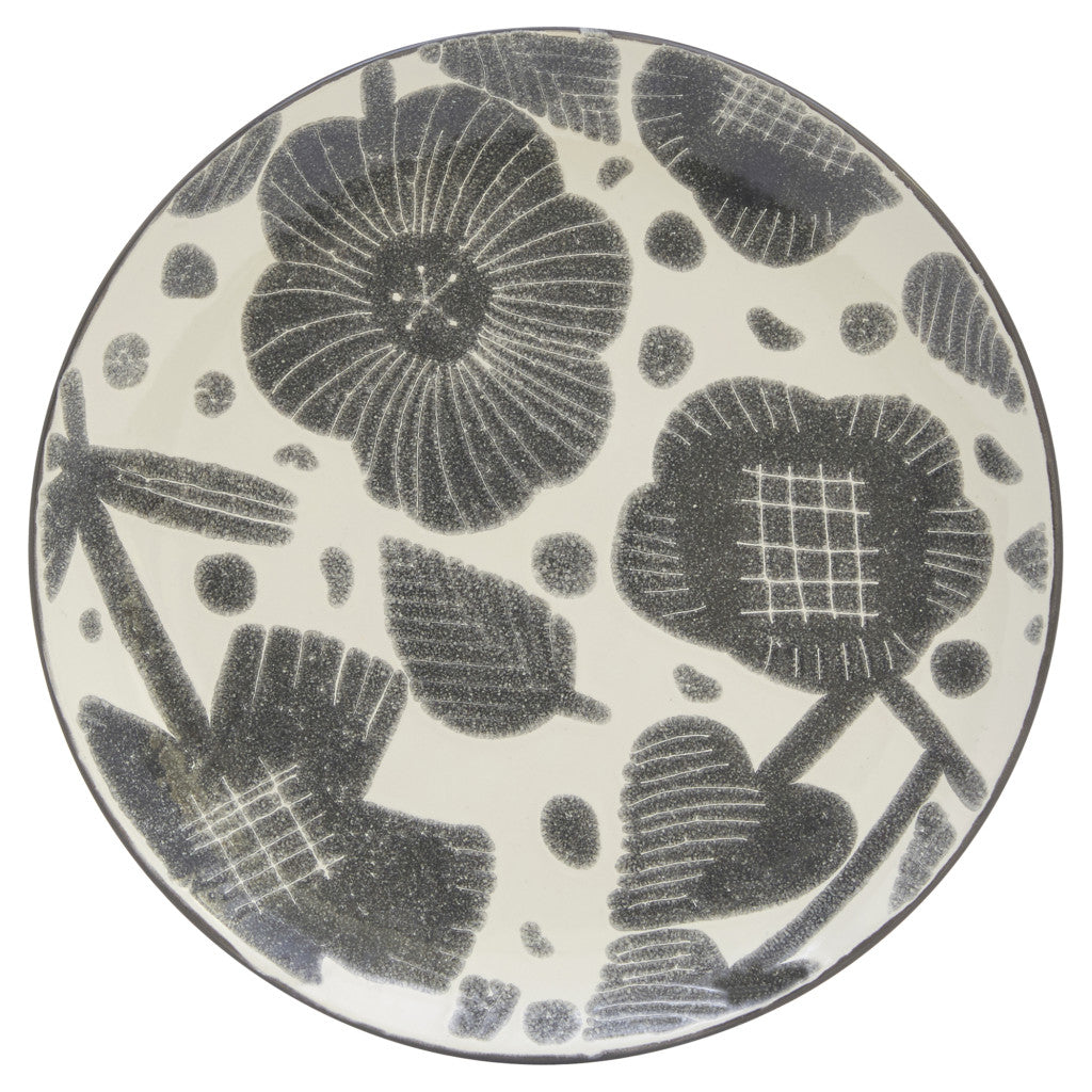 LuxxHomes  Gray and Ivory Sixteen Piece Round Floral Ceramic Service For Four Dinnerware Set