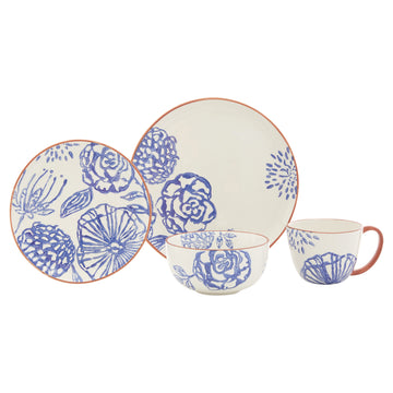 LuxxHomes  Blue and White Sixteen Piece Round Floral Ceramic Service For Four Dinnerware Set