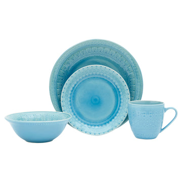 LuxxHomes  Aqua Sixteen Piece Floral Medallion Ceramic Service For Four Dinnerware Set