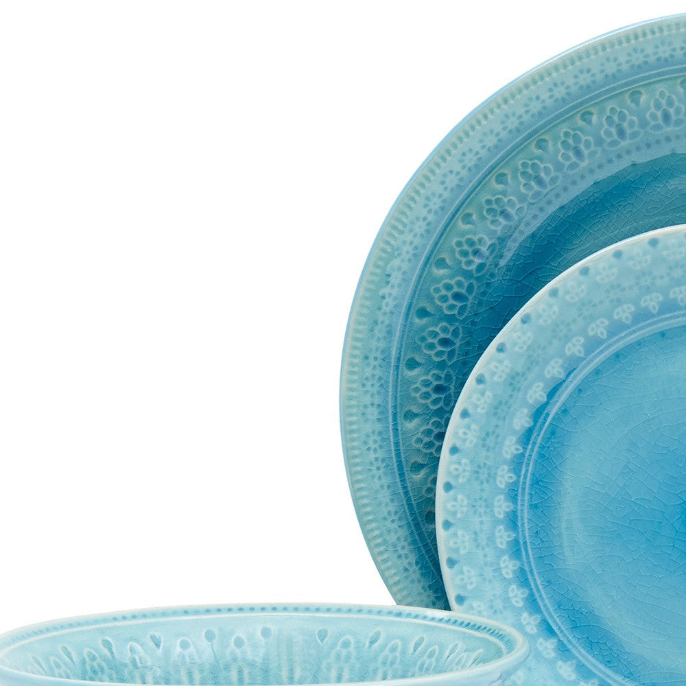 LuxxHomes  Aqua Sixteen Piece Floral Medallion Ceramic Service For Four Dinnerware Set