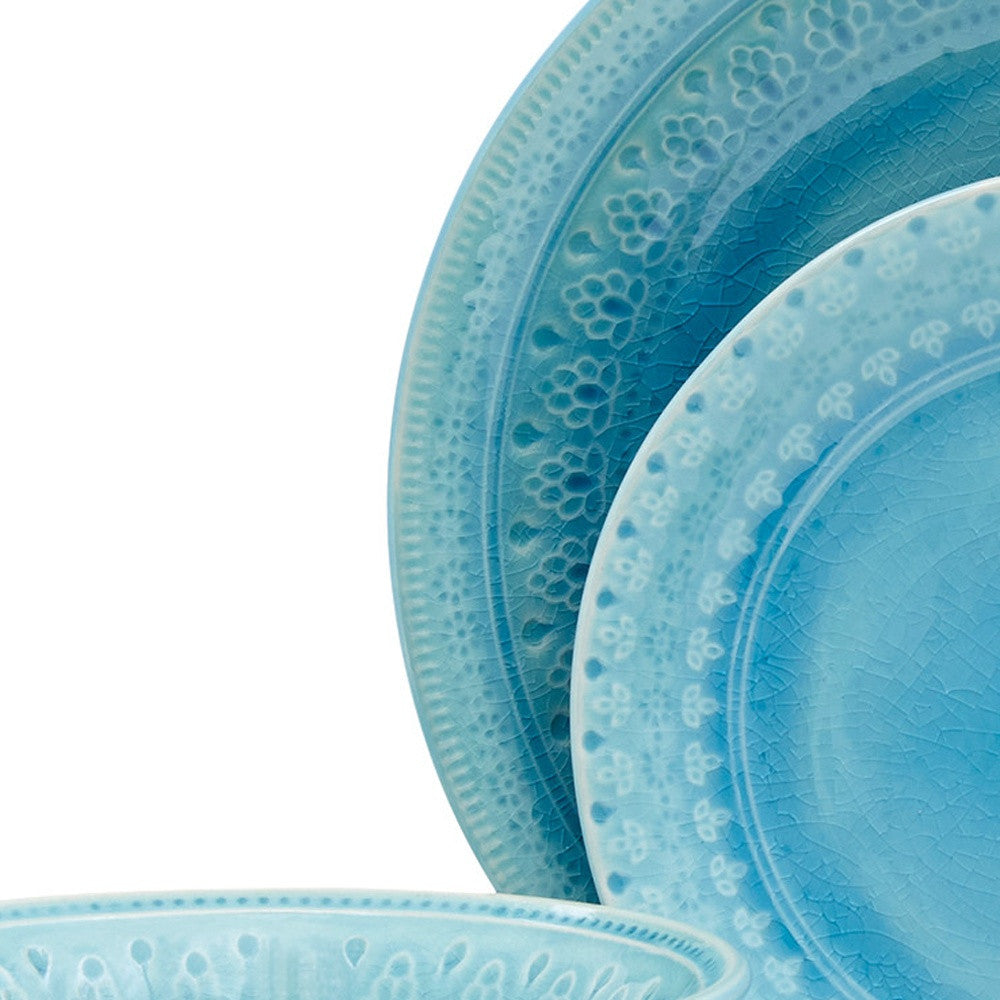 LuxxHomes  Aqua Sixteen Piece Floral Medallion Ceramic Service For Four Dinnerware Set