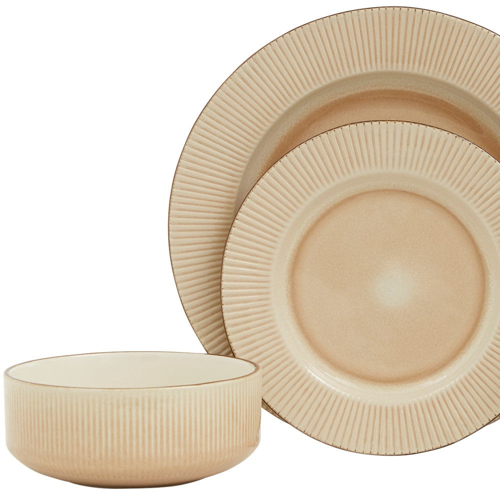 LuxxHomes  Sand Sixteen Piece Round Striped Ceramic Service For Four Dinnerware Set