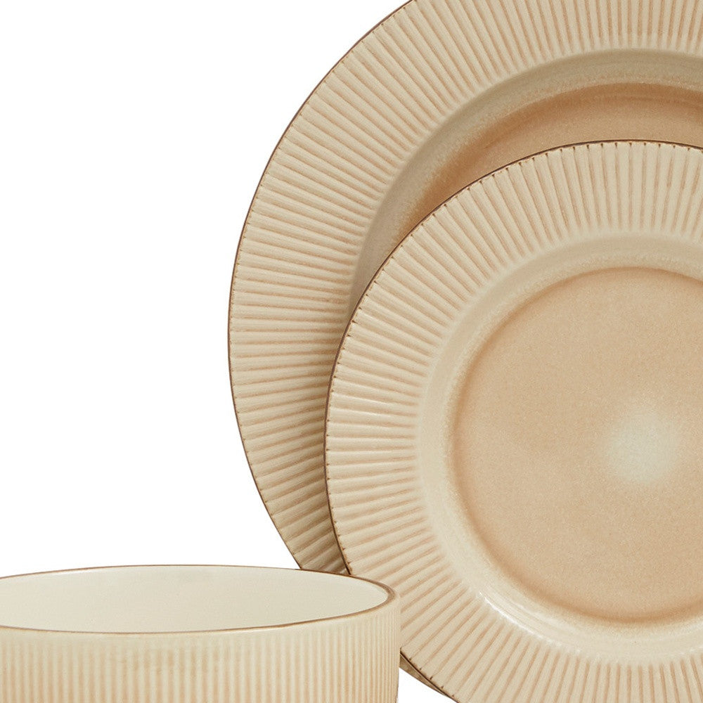 LuxxHomes  Sand Sixteen Piece Round Striped Ceramic Service For Four Dinnerware Set