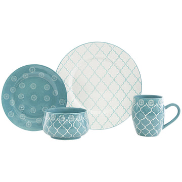 LuxxHomes  Turquoise Sixteen Piece Round Trellis Ceramic Service For Four Dinnerware Set