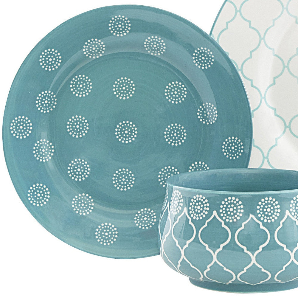 LuxxHomes  Turquoise Sixteen Piece Round Trellis Ceramic Service For Four Dinnerware Set