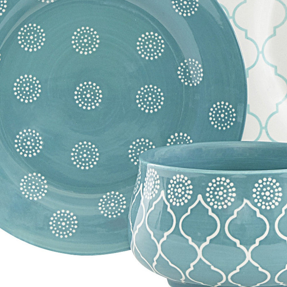 LuxxHomes  Turquoise Sixteen Piece Round Trellis Ceramic Service For Four Dinnerware Set