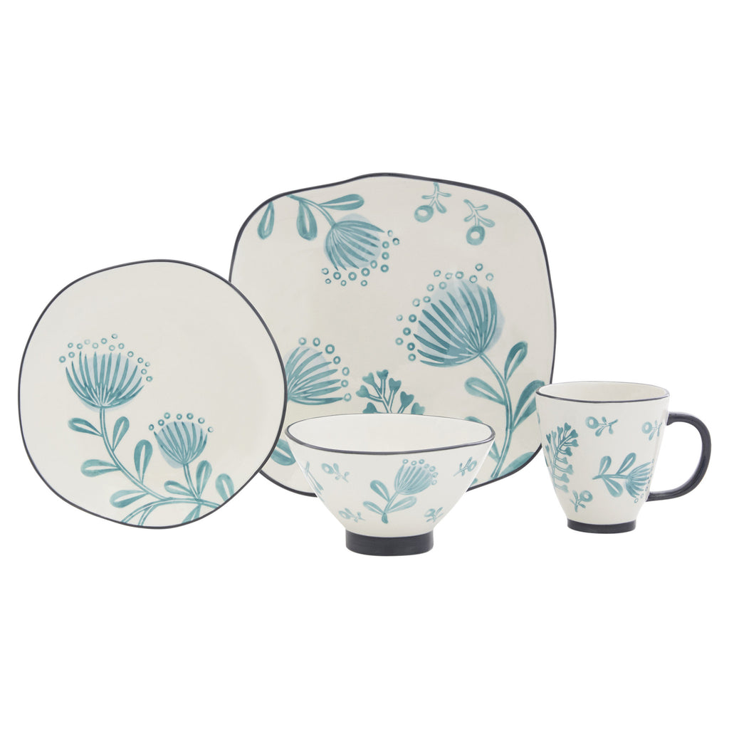 LuxxHomes  Blue and White Sixteen Piece Round Floral Ceramic Service For Four Dinnerware Set