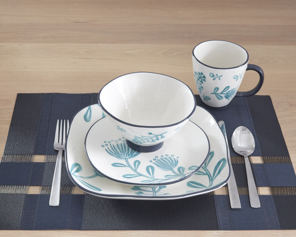 LuxxHomes  Blue and White Sixteen Piece Round Floral Ceramic Service For Four Dinnerware Set