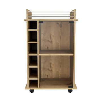 Oak Rolling Bar Cart With Wine Storage