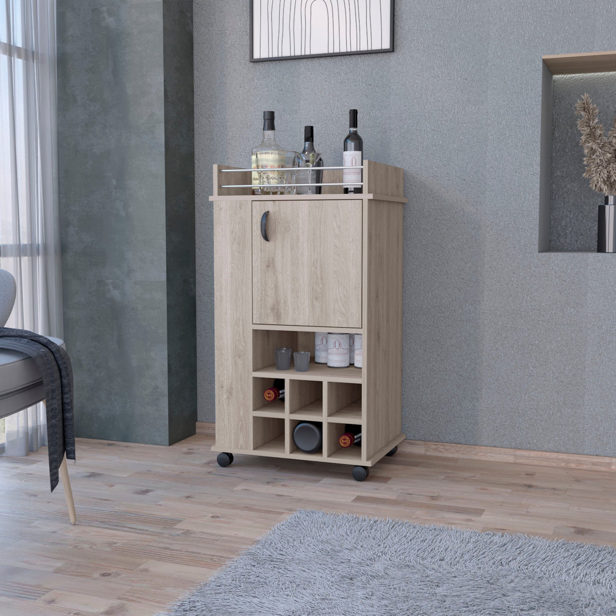 Light Gray Rolling Bar Cart With Wine Storage