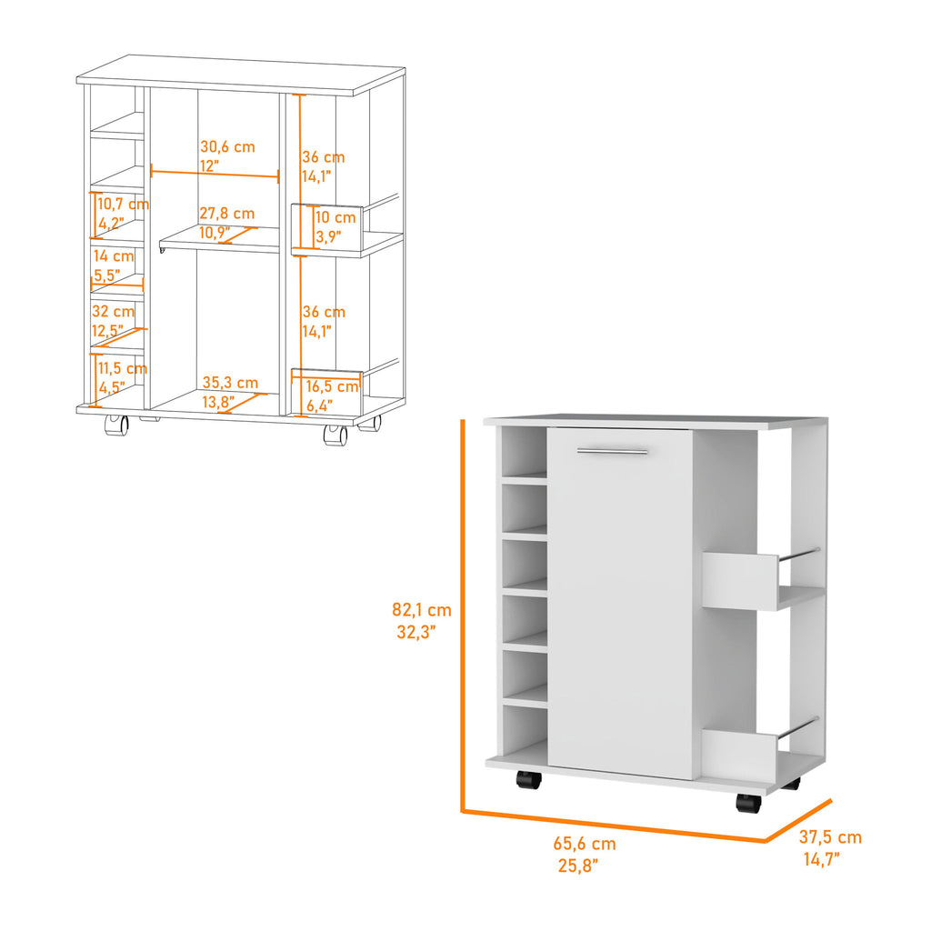 White Rolling Bar Cart With Wine Storage