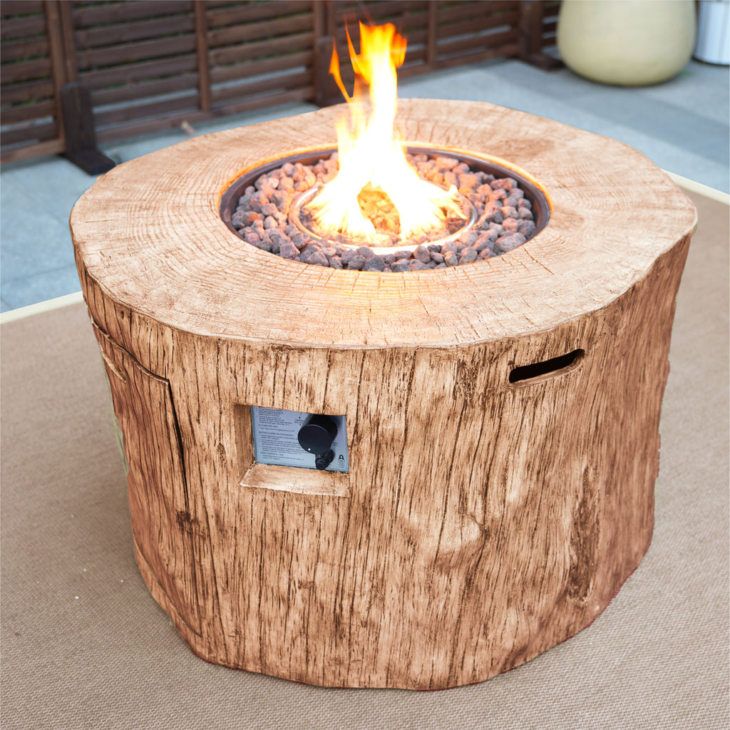 37" Brown Faux Wood Stump Propane Round Fire pit With Cover