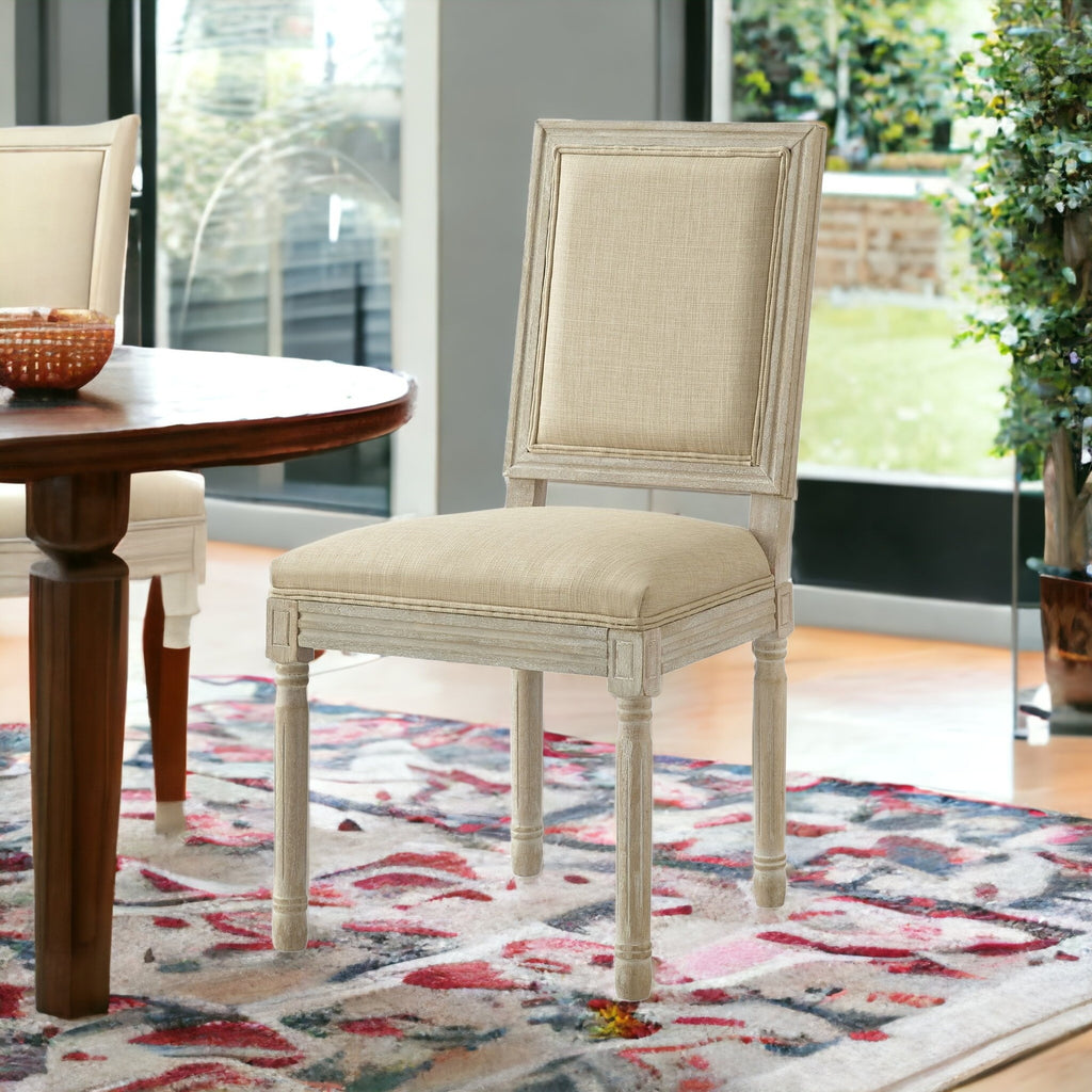 Set of Two Navy Blue and Brown Upholstered Linen Dining Side Chairs