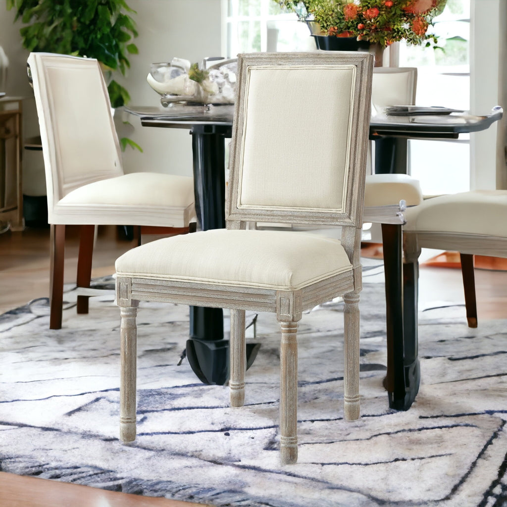 Set of Two Navy Blue and Brown Upholstered Linen Dining Side Chairs