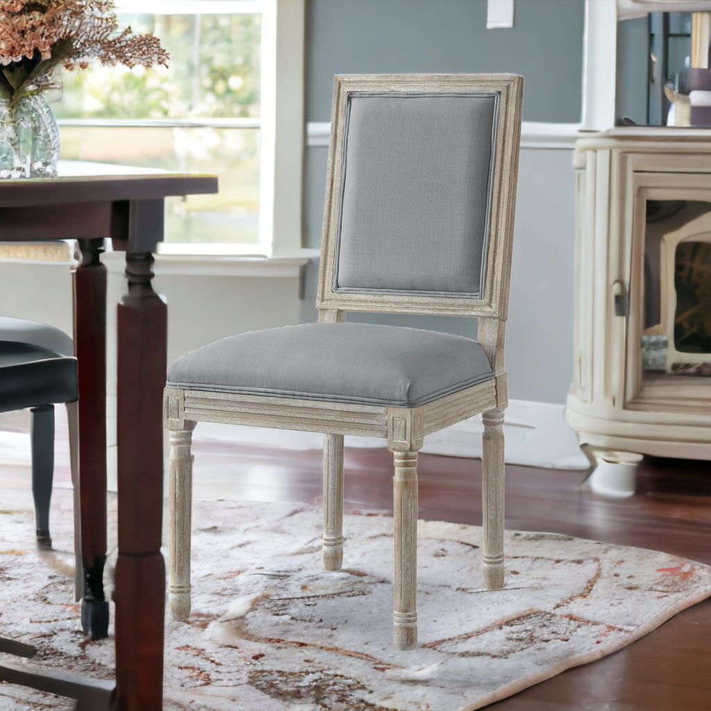 Set of Two Navy Blue and Brown Upholstered Linen Dining Side Chairs