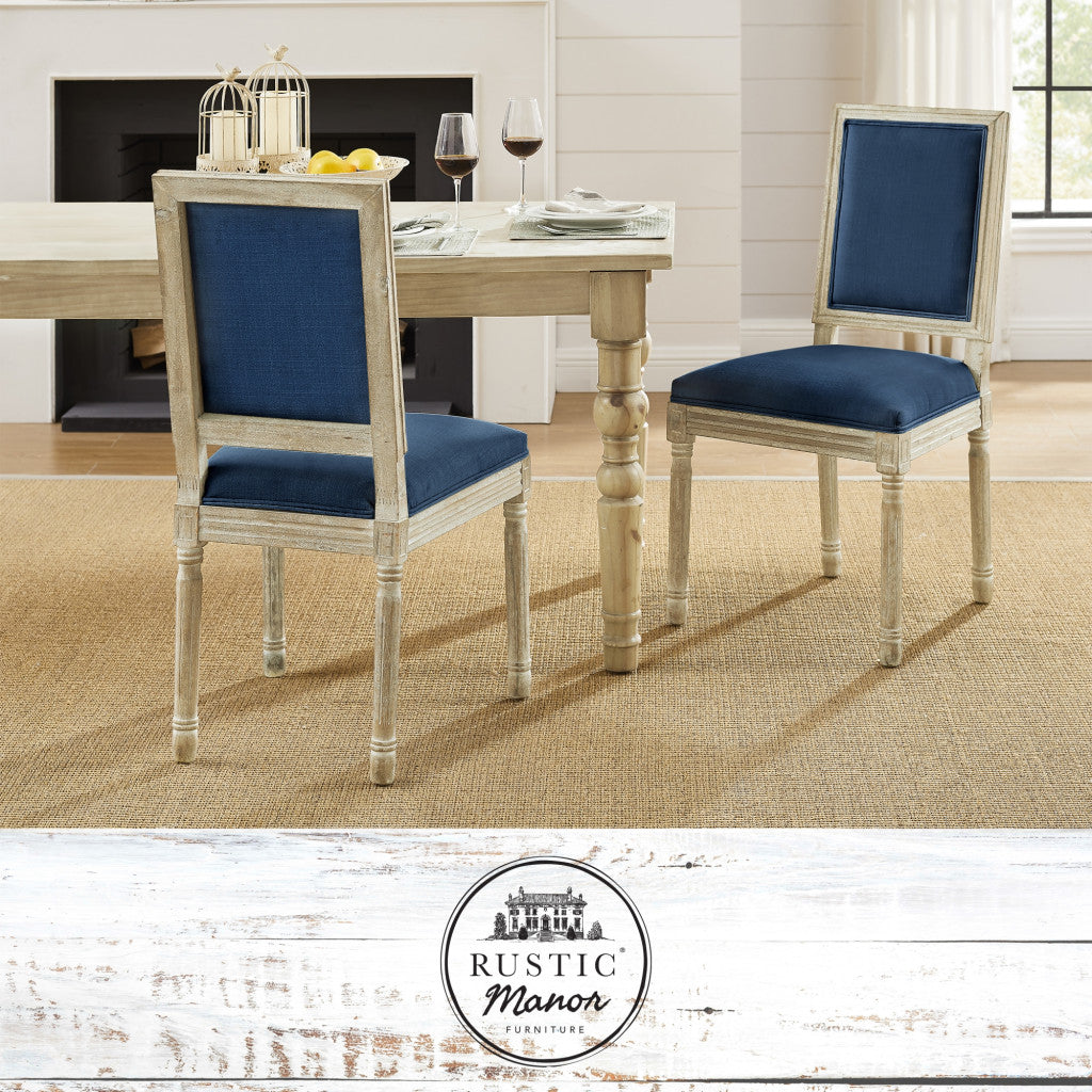 Set of Two Navy Blue and Brown Upholstered Linen Dining Side Chairs