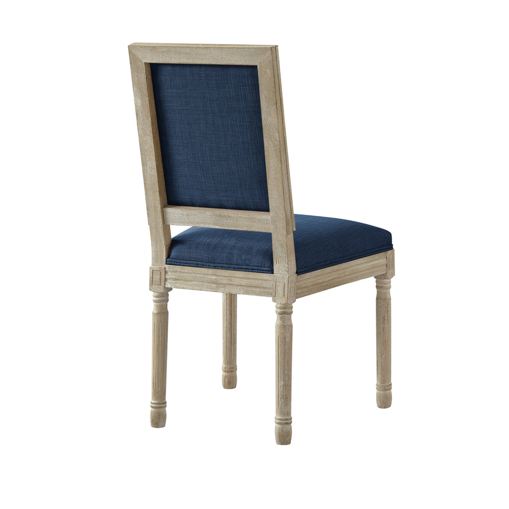 Set of Two Navy Blue and Brown Upholstered Linen Dining Side Chairs