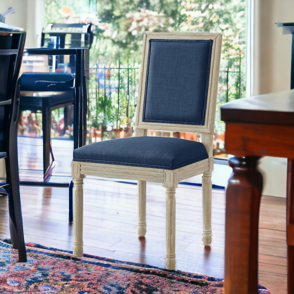 Set of Two Navy Blue and Brown Upholstered Linen Dining Side Chairs