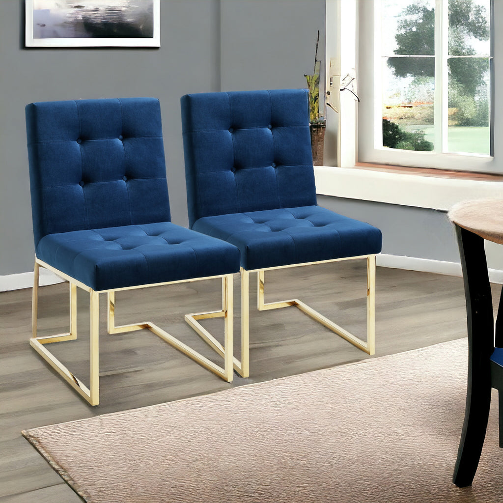 Set of Two Tufted Navy Blue And Gold Upholstered Velvet Dining Side Chairs