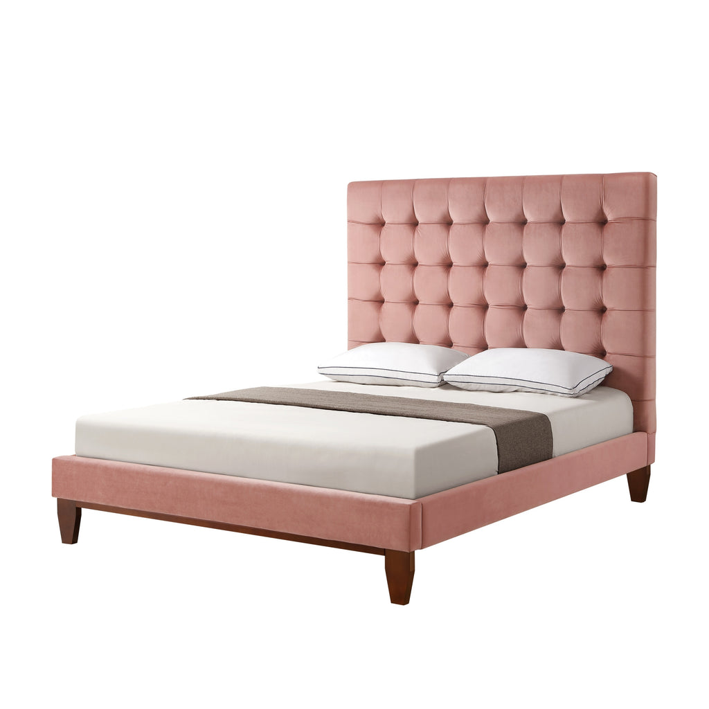 Beige Solid Wood Full Tufted Upholstered Linen Bed