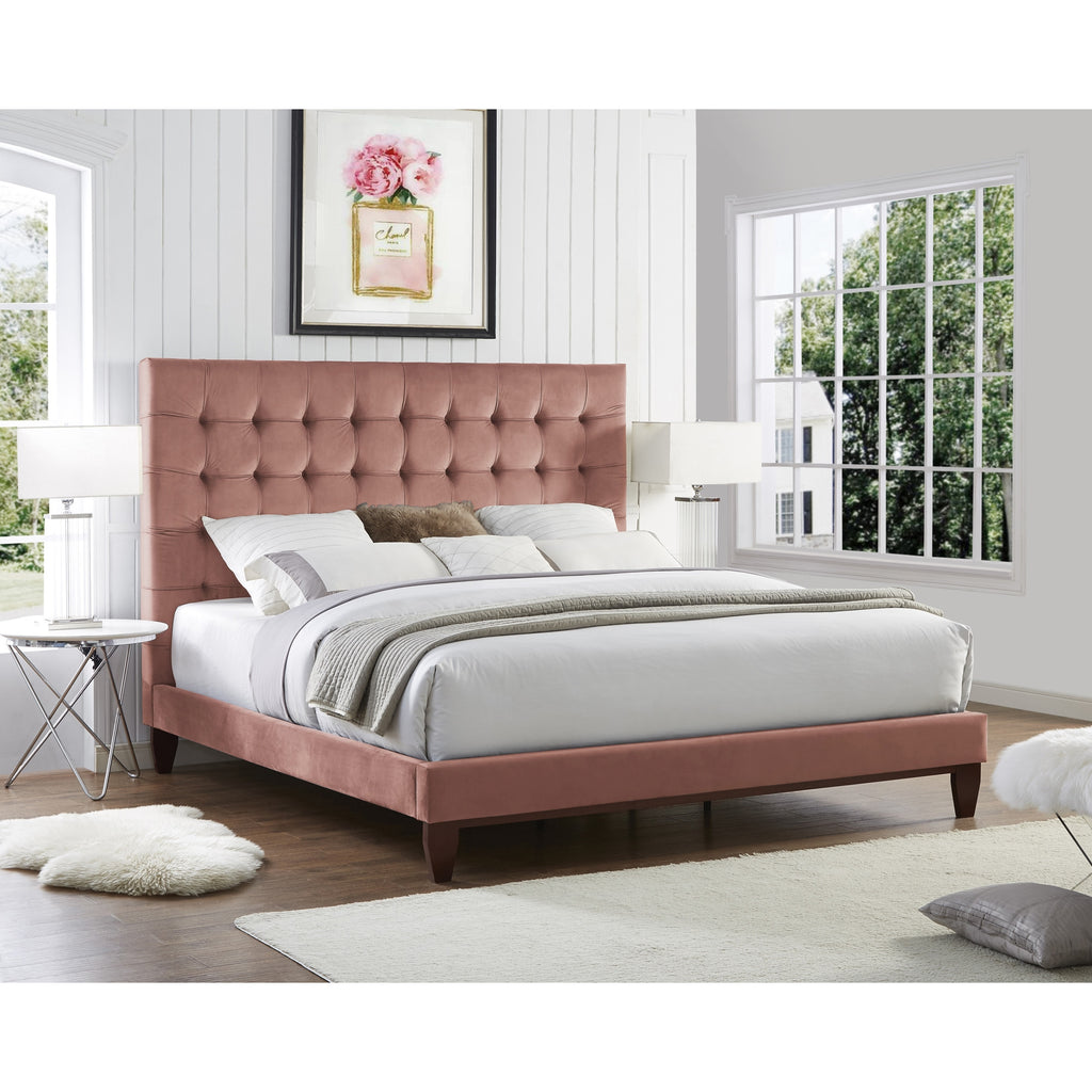 Beige Solid Wood Full Tufted Upholstered Linen Bed