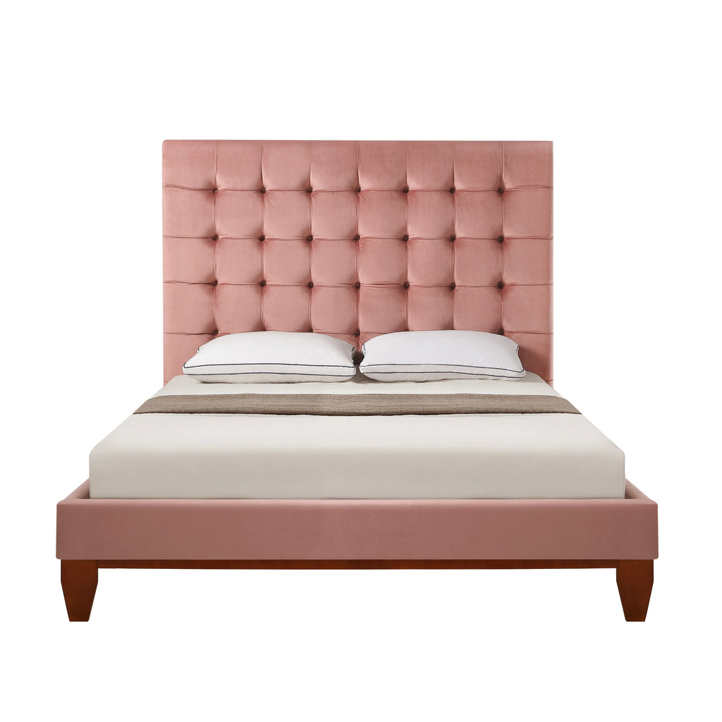 Beige Solid Wood Full Tufted Upholstered Linen Bed