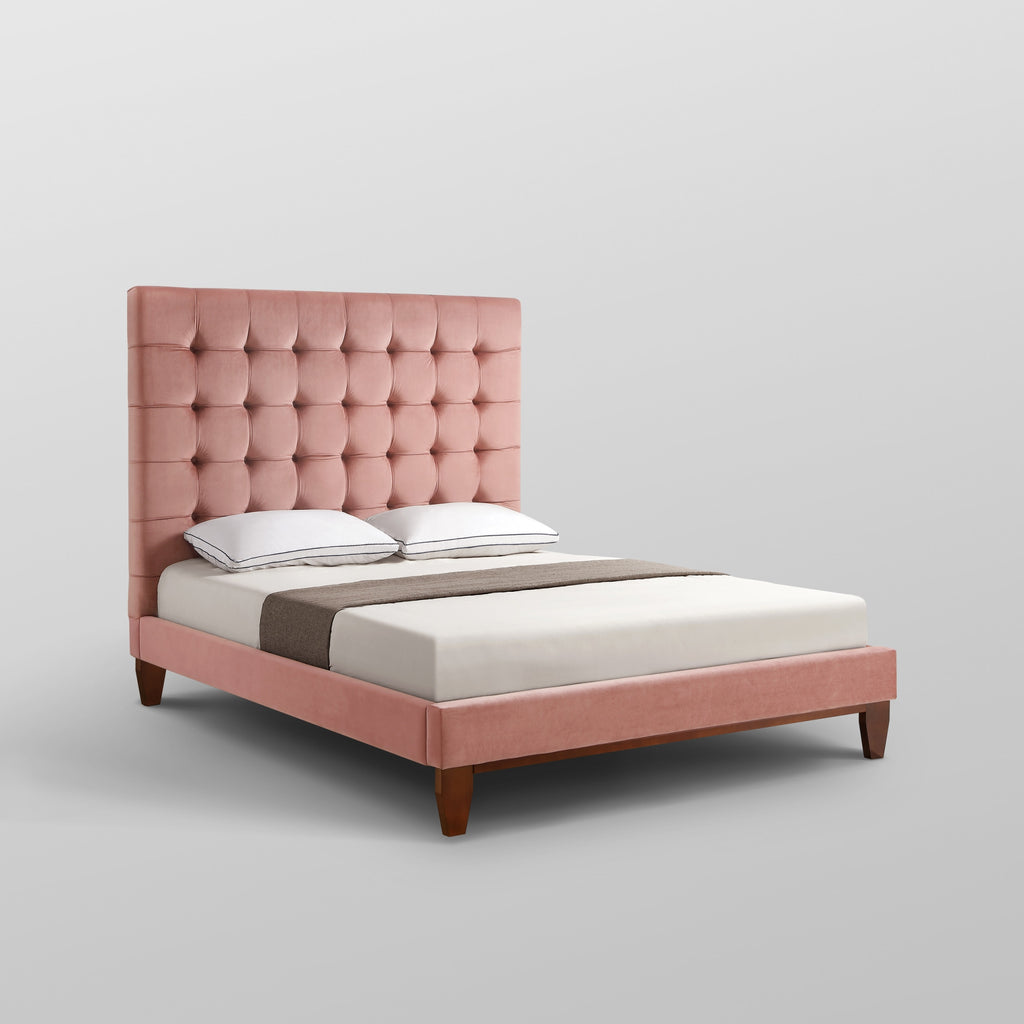 Beige Solid Wood Full Tufted Upholstered Linen Bed