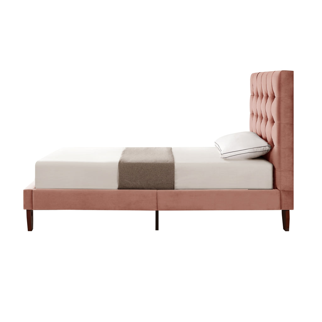 Beige Solid Wood Full Tufted Upholstered Linen Bed